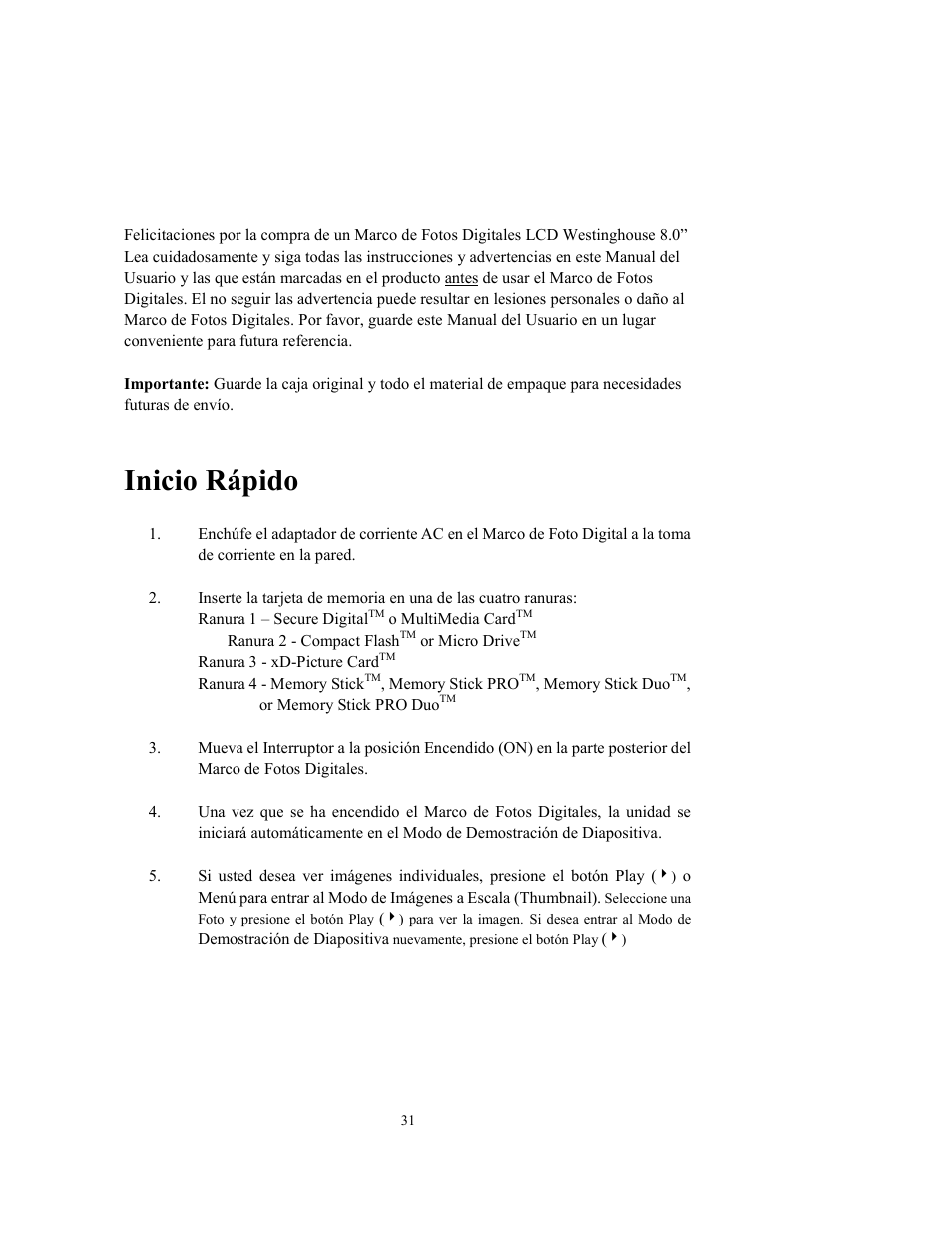 Inicio rápido | Westinghouse DPF-0802 User Manual | Page 32 / 45