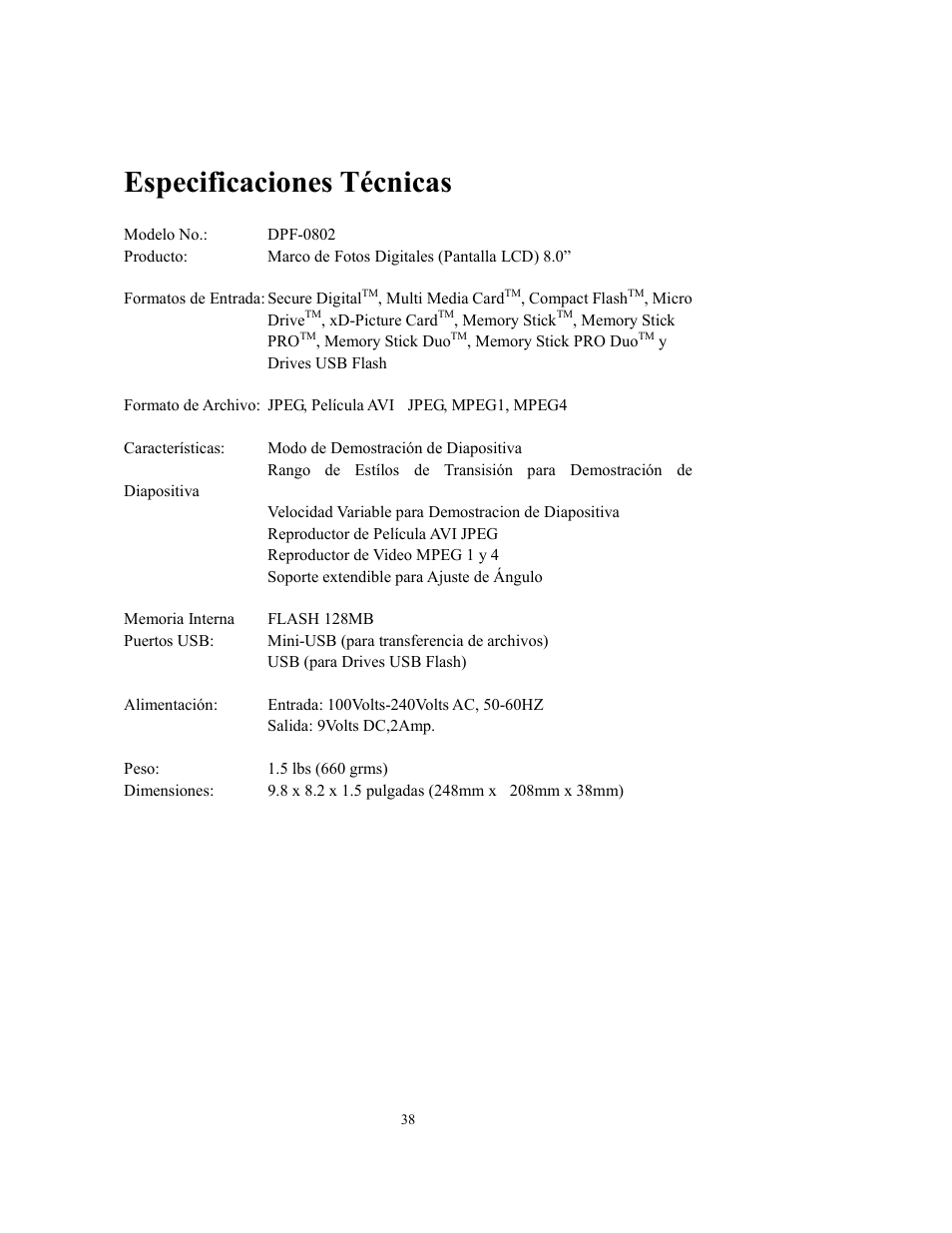 Especificaciones técnicas | Westinghouse DPF-0802 User Manual | Page 39 / 45