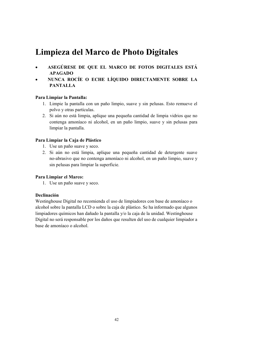 Limpieza del marco de photo digitales | Westinghouse DPF-0802 User Manual | Page 43 / 45