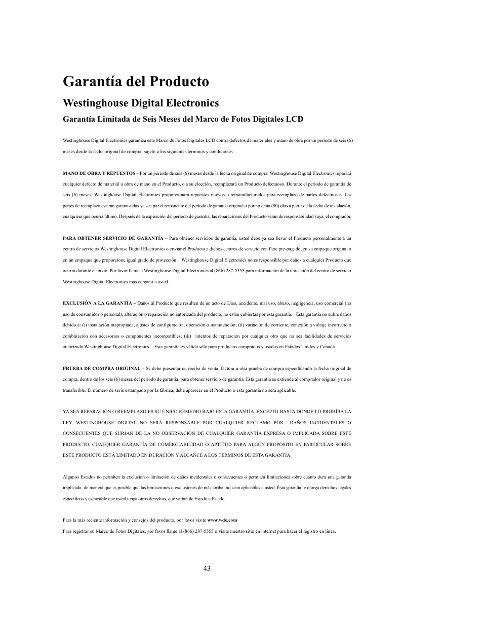 Garantía del producto, Westinghouse digital electronics | Westinghouse DPF-0802 User Manual | Page 44 / 45