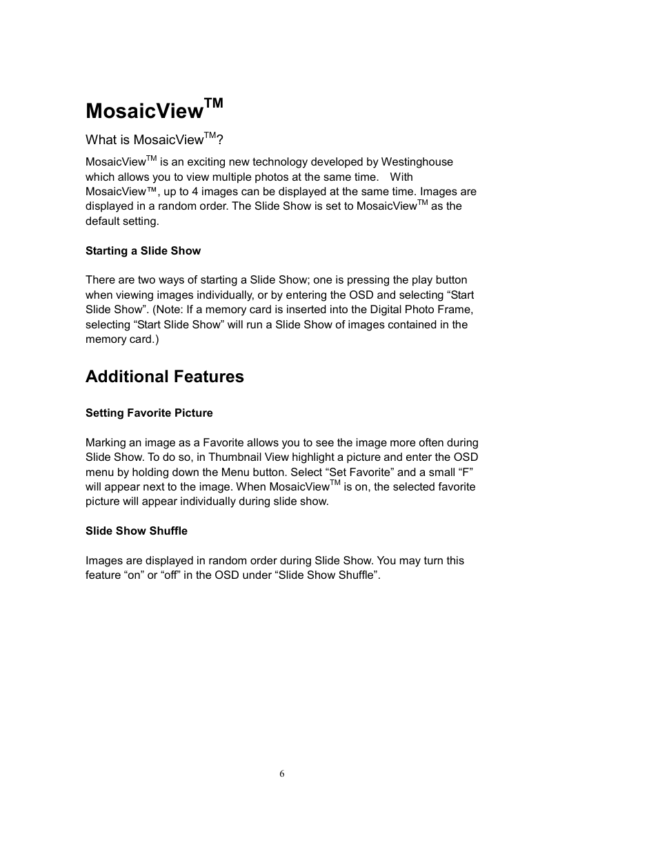 Mosaicview, Additional features | Westinghouse DPF-0802 User Manual | Page 7 / 45