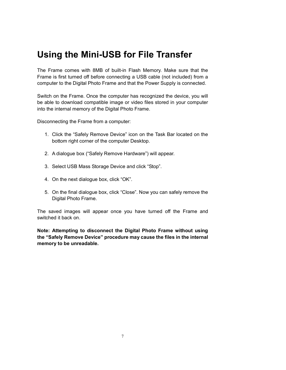 Using the mini-usb for file transfer | Westinghouse DPF-0802 User Manual | Page 8 / 45