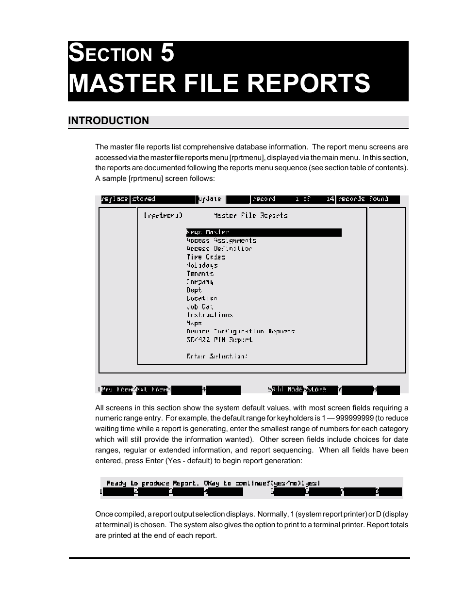 5master file reports, Ection | Westinghouse SE 6000 User Manual | Page 104 / 180