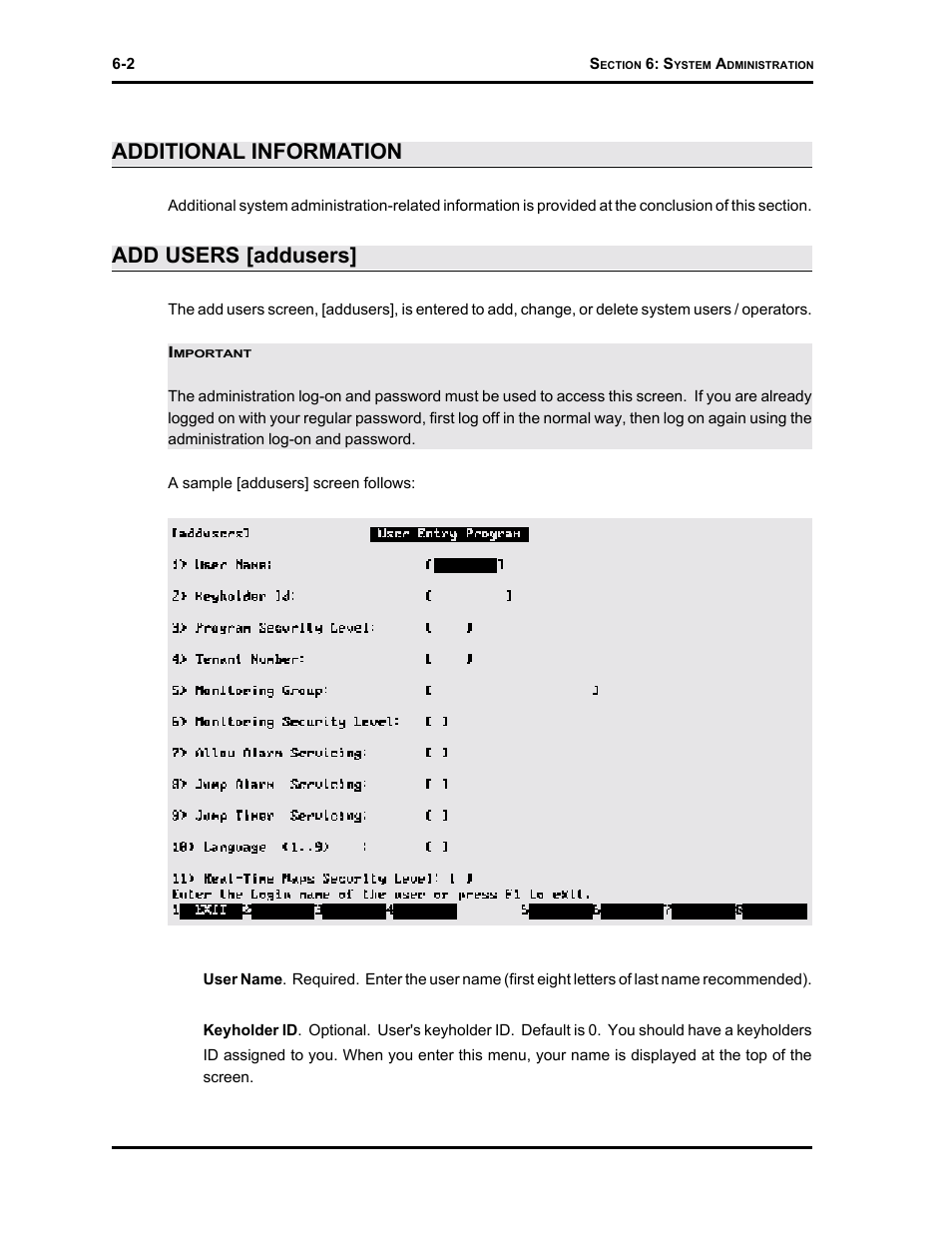 Additional information, Add users [addusers | Westinghouse SE 6000 User Manual | Page 126 / 180