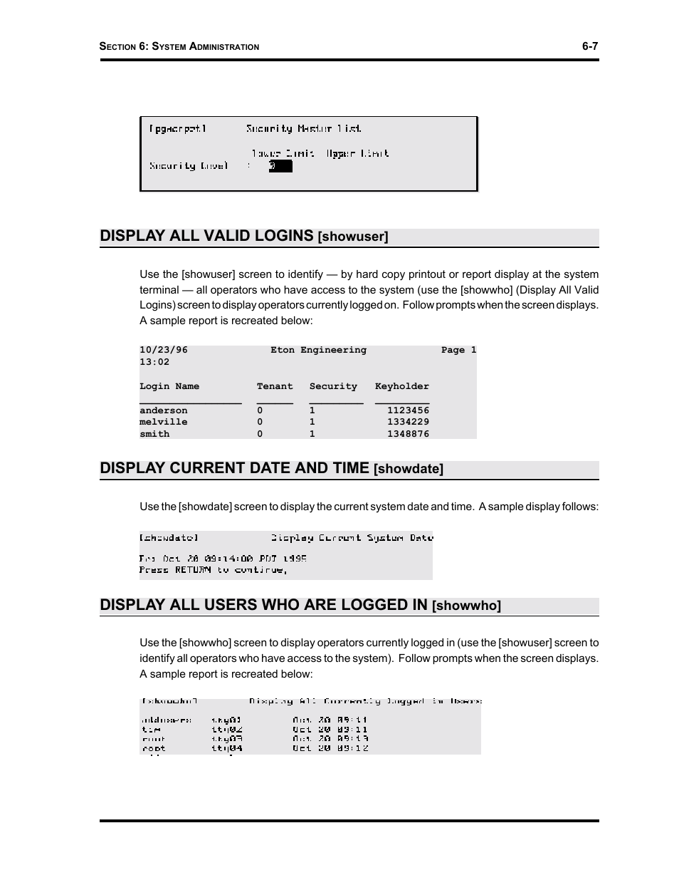 Display all valid logins, Display current date and time, Display all users who are logged in | Westinghouse SE 6000 User Manual | Page 131 / 180