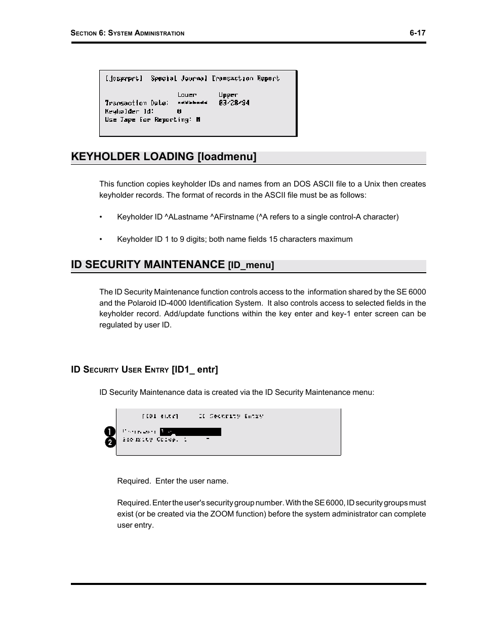 Keyholder loading [loadmenu, Id security maintenance | Westinghouse SE 6000 User Manual | Page 141 / 180