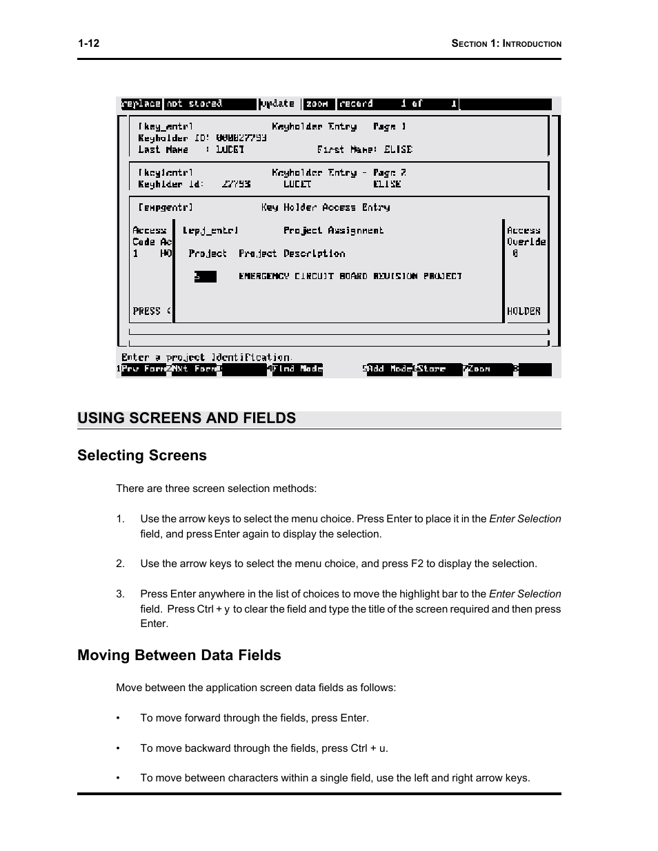 Using screens and fields selecting screens, Moving between data fields | Westinghouse SE 6000 User Manual | Page 19 / 180