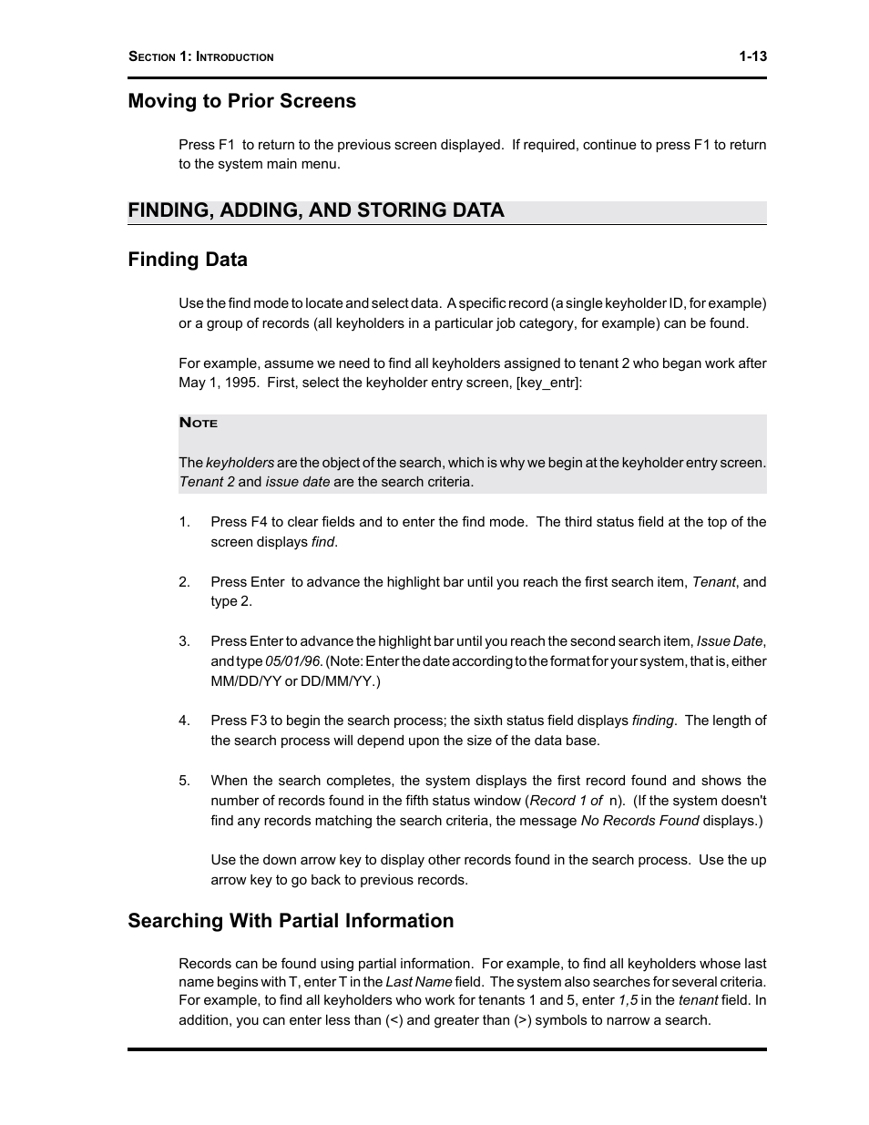 Moving to prior screens, Finding, adding, and storing data finding data, Searching with partial information | Westinghouse SE 6000 User Manual | Page 20 / 180