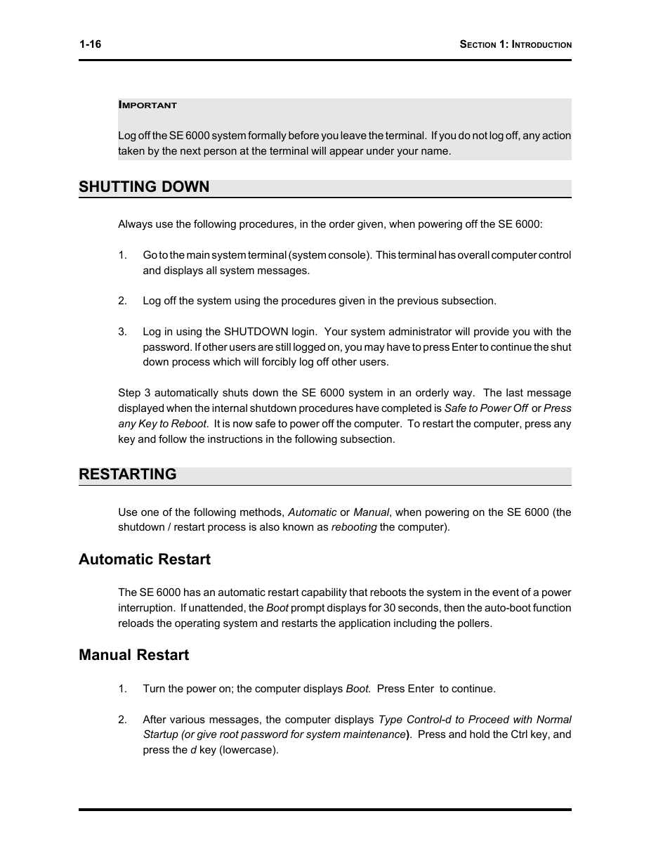 Shutting down, Restarting, Automatic restart | Manual restart | Westinghouse SE 6000 User Manual | Page 23 / 180