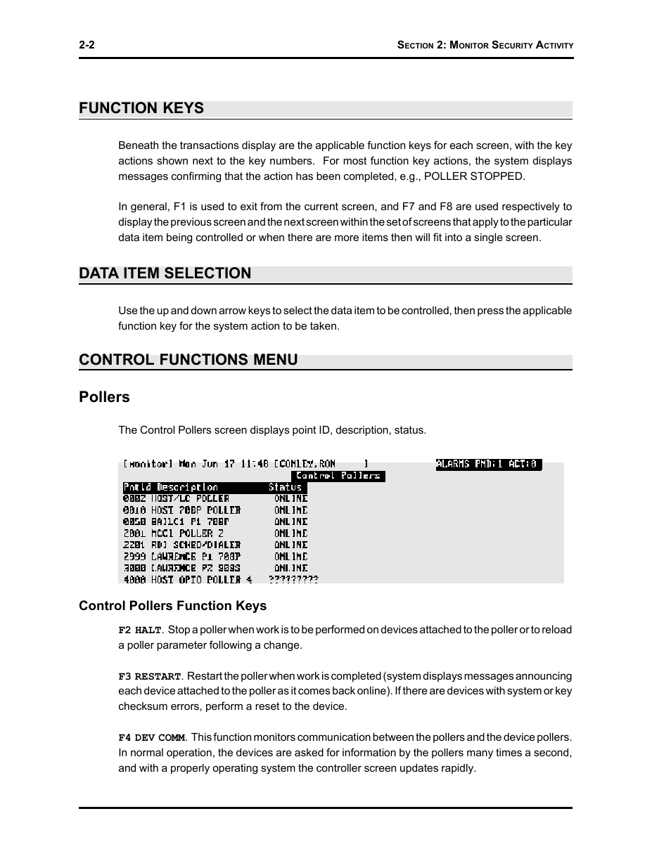 Function keys, Data item selection, Control functions menu pollers | Westinghouse SE 6000 User Manual | Page 27 / 180