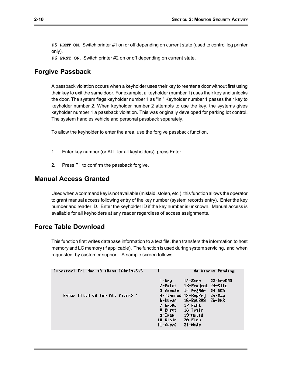 Forgive passback, Manual access granted, Force table download | Westinghouse SE 6000 User Manual | Page 35 / 180