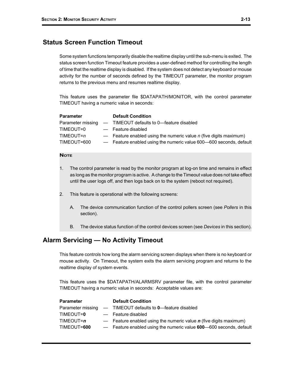 Status screen function timeout, Alarm servicing — no activity timeout | Westinghouse SE 6000 User Manual | Page 38 / 180