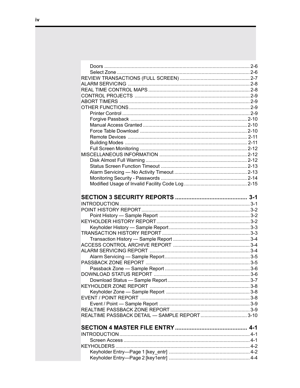 Locks, Transaction history - sample report, Access control archive report | Alarm servicing report, Access assignments, Keyholder access assignment, Modify passwords [mod_pass | Westinghouse SE 6000 User Manual | Page 4 / 180