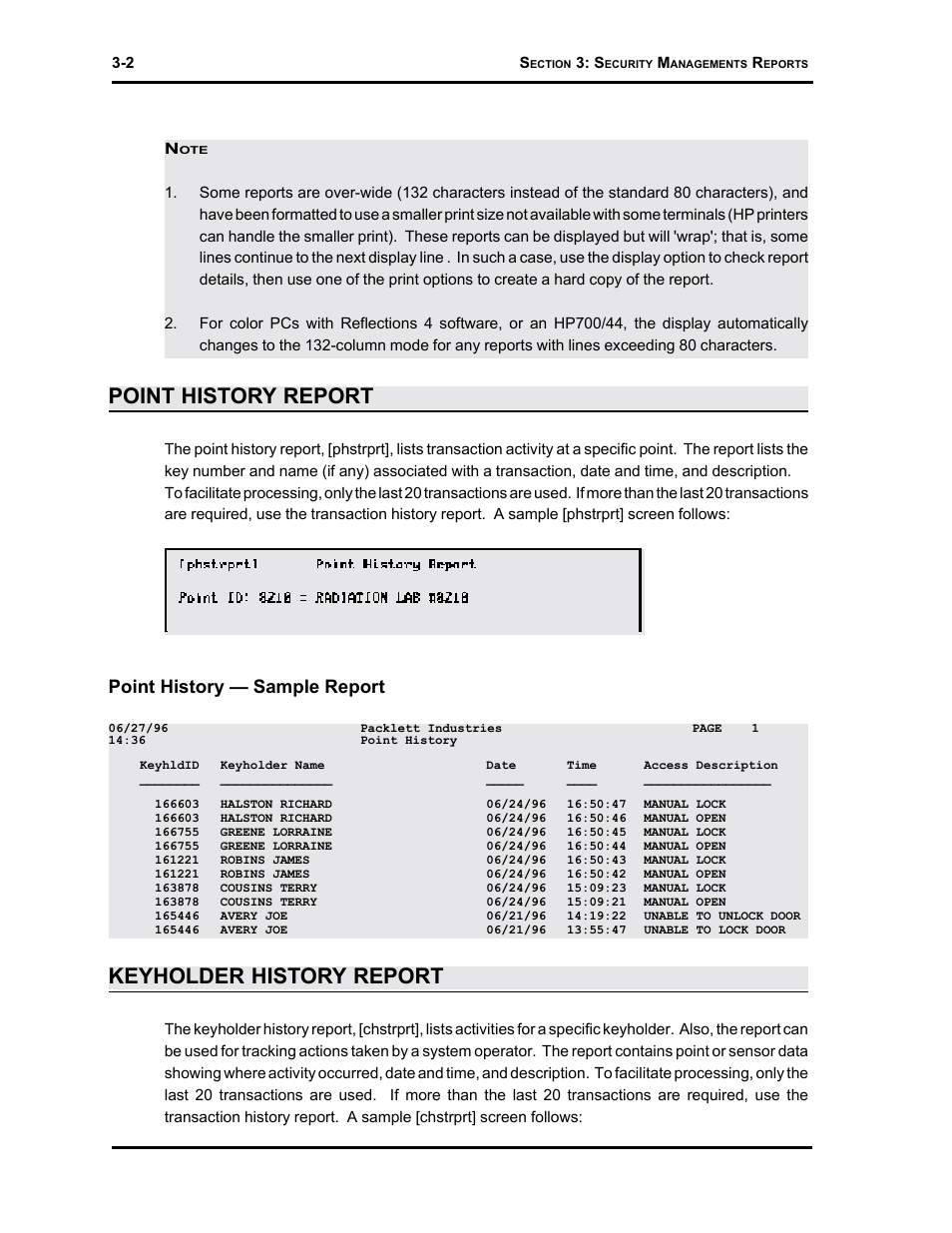 Point history report, Keyholder history report, Point history — sample report | Westinghouse SE 6000 User Manual | Page 43 / 180