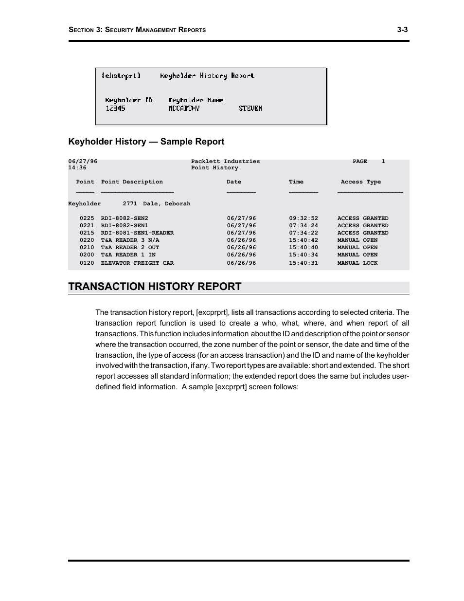 Transaction history report, Keyholder history — sample report | Westinghouse SE 6000 User Manual | Page 44 / 180