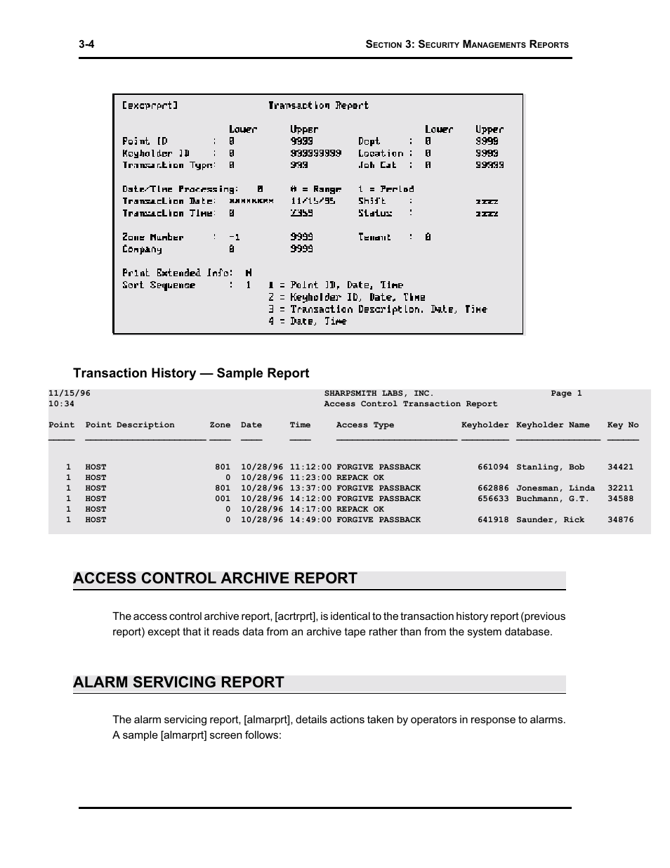 Access control archive report, Alarm servicing report, Transaction history — sample report | Westinghouse SE 6000 User Manual | Page 45 / 180