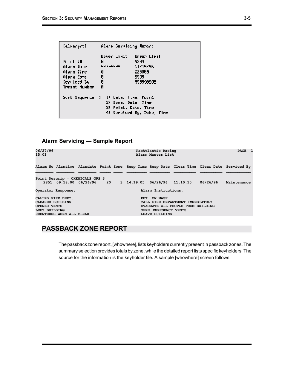 Passback zone report, Alarm servicing — sample report | Westinghouse SE 6000 User Manual | Page 46 / 180