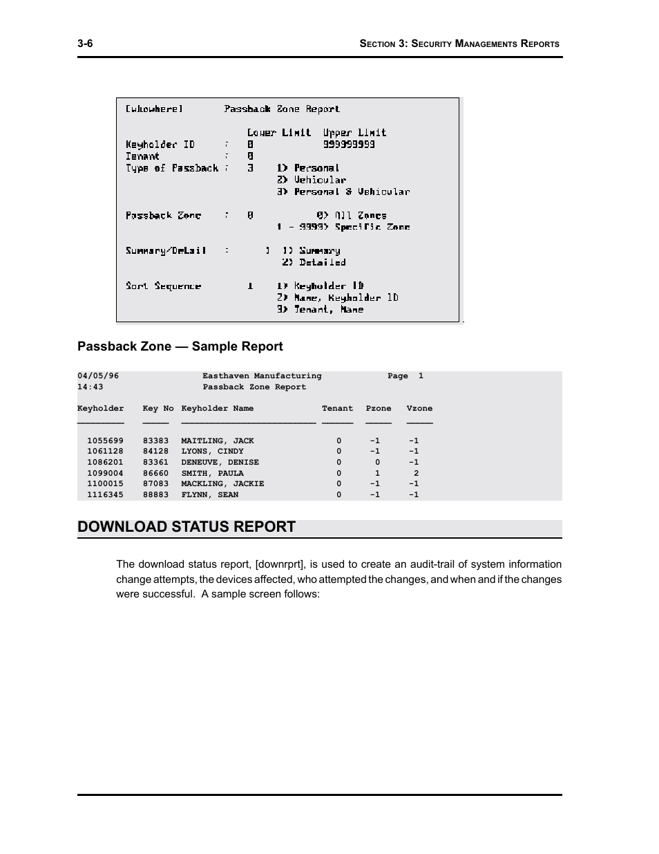 Download status report, Passback zone — sample report | Westinghouse SE 6000 User Manual | Page 47 / 180