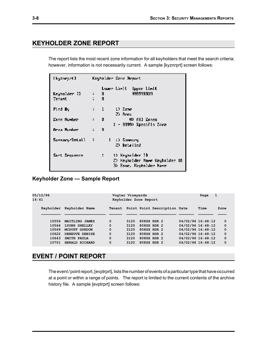 Keyholder zone report, Event / point report, Keyholder zone — sample report | Westinghouse SE 6000 User Manual | Page 49 / 180