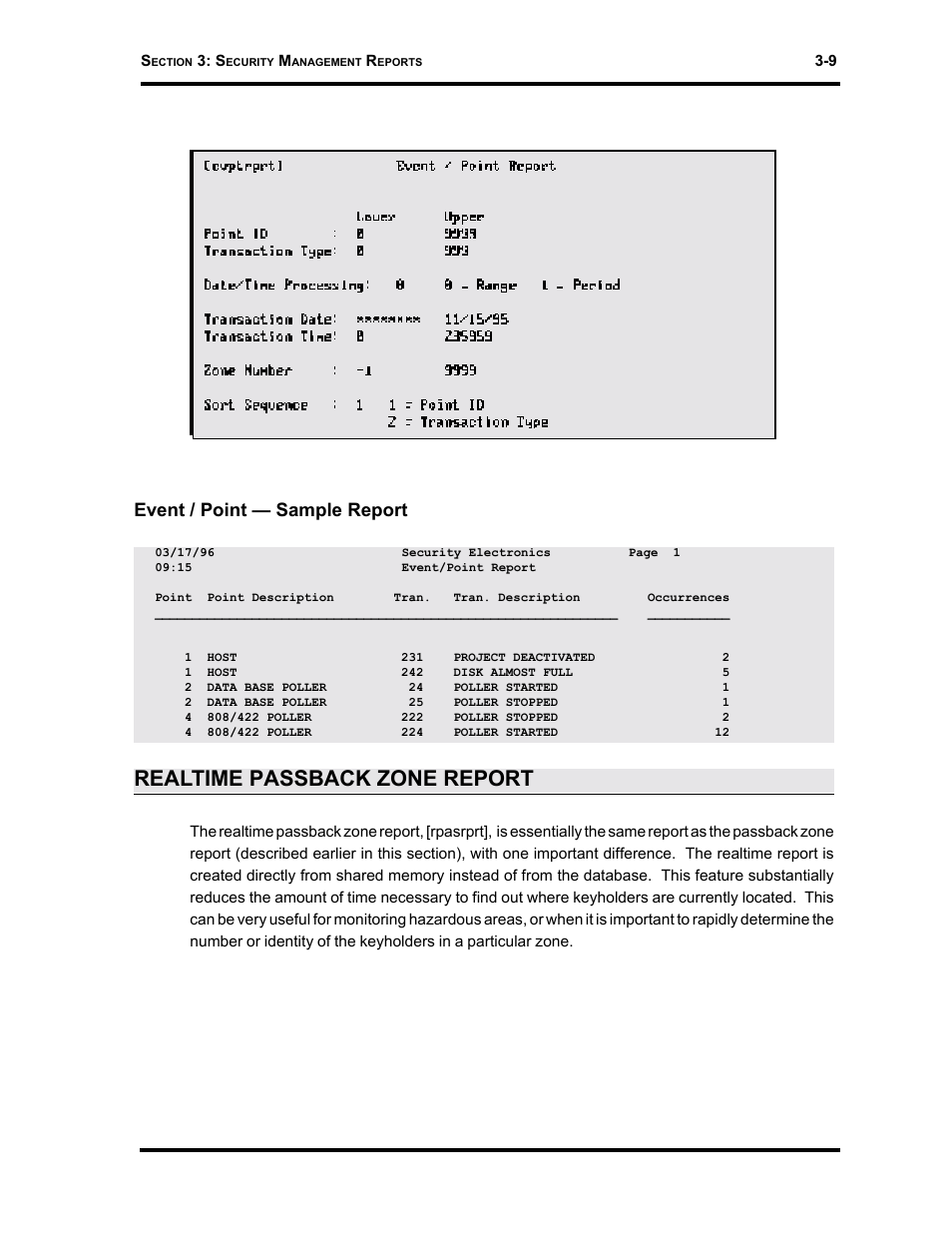 Realtime passback zone report, Event / point — sample report | Westinghouse SE 6000 User Manual | Page 50 / 180