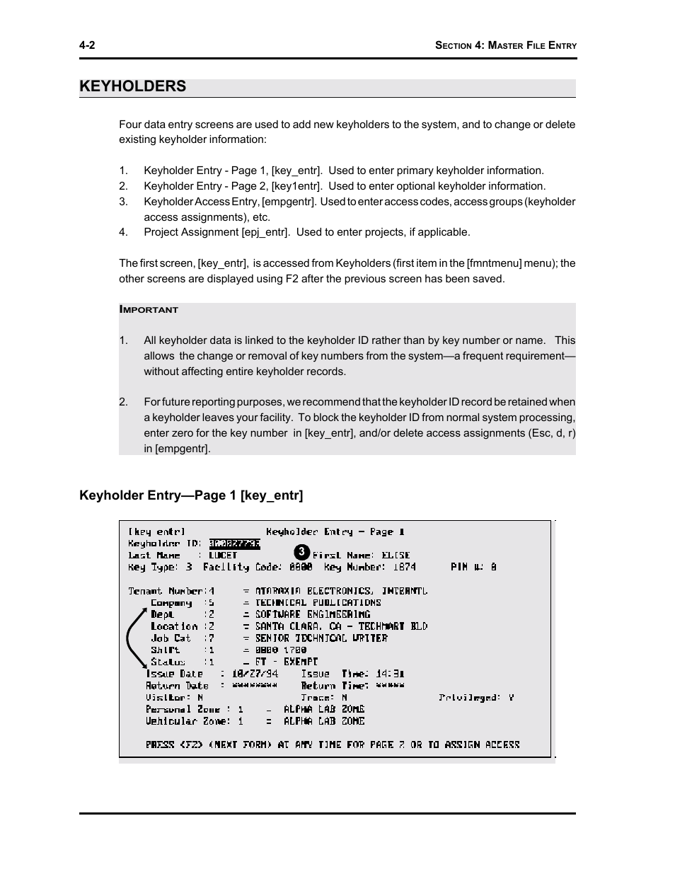 Keyholders, Keyholder entry—page 1 [key_entr | Westinghouse SE 6000 User Manual | Page 53 / 180