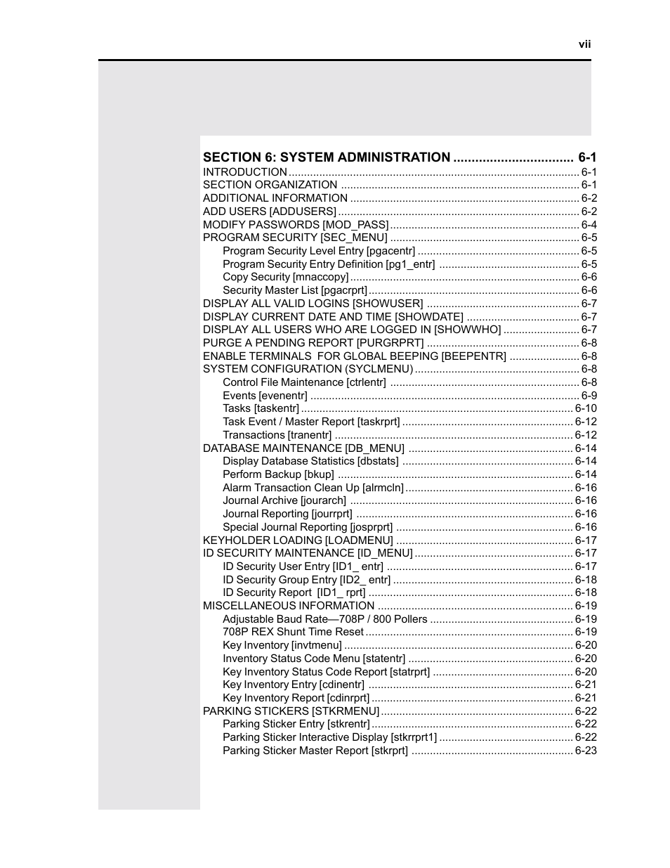 Sample system, Review transactions (full screen), Download status - sample report | Copy keyholders, Copy keyholder information, Access override, Intelligent fail soft report, Display all valid logins [showuser, Display current date and time [showdate, Display all users who are logged in [showwho | Westinghouse SE 6000 User Manual | Page 7 / 180