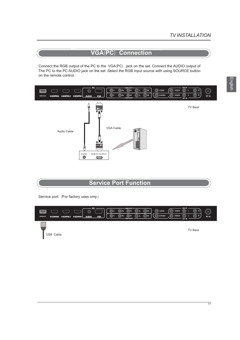 页 13, Vga ( pc ) connection, Service port function | Tv install tion a | Westinghouse VR-6025Z User Manual | Page 13 / 30
