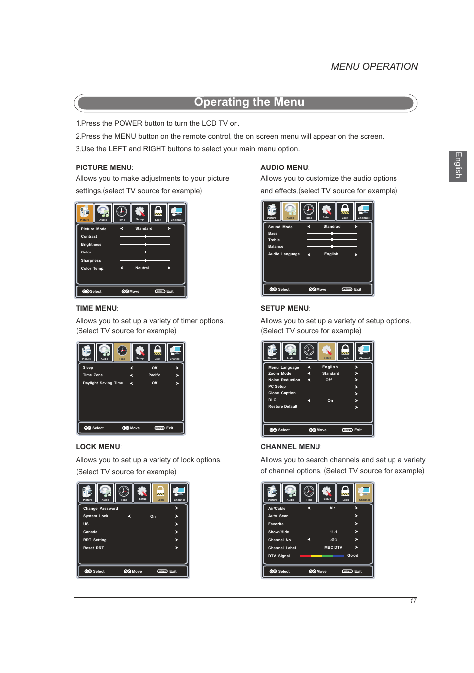 页 19, Operating the menu, Menu operation | En g lis h, Channel, Select tv source for example) | Westinghouse VR-6025Z User Manual | Page 19 / 30