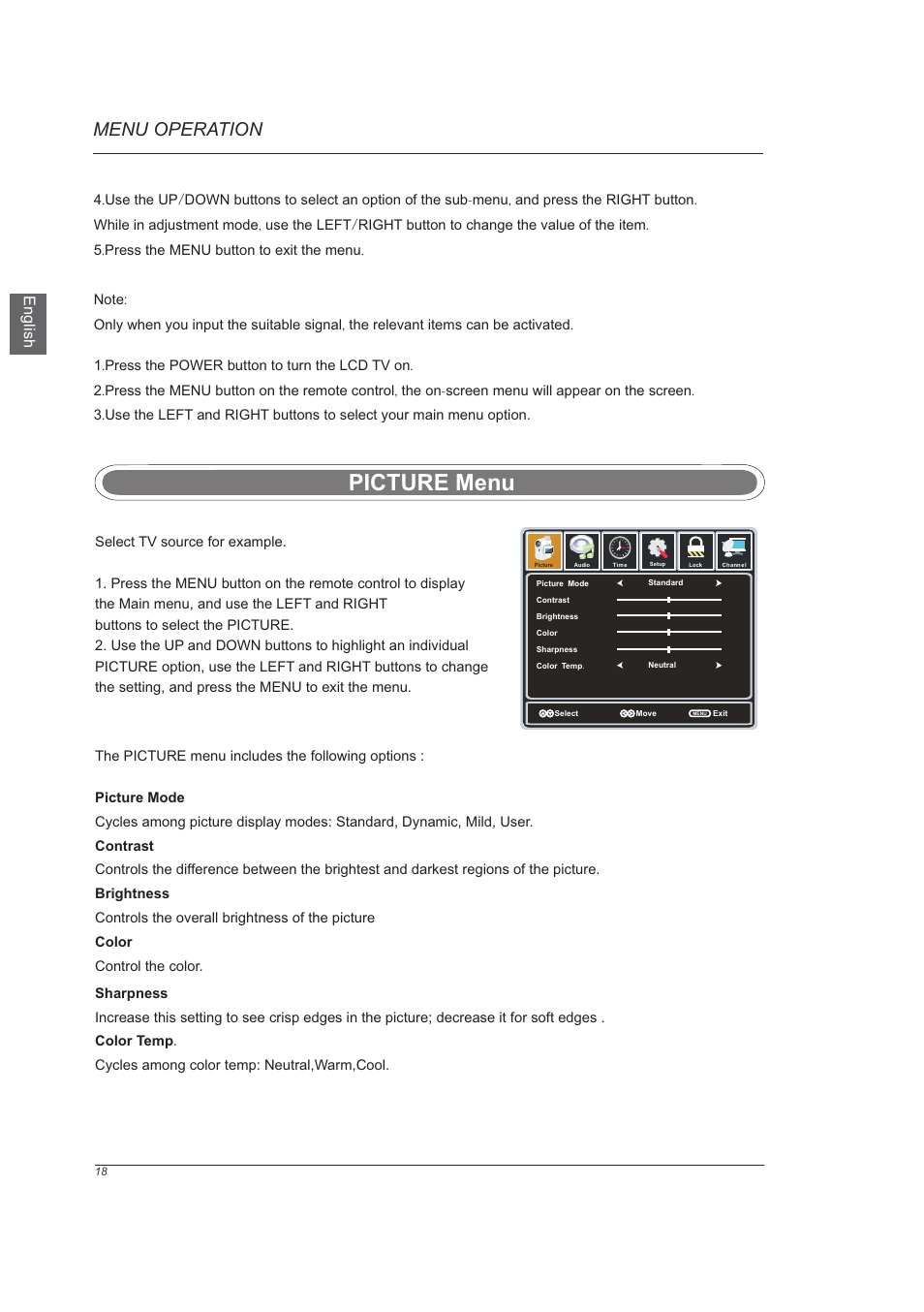 页 20, Picture menu, Menu operation | En g lis h | Westinghouse VR-6025Z User Manual | Page 20 / 30