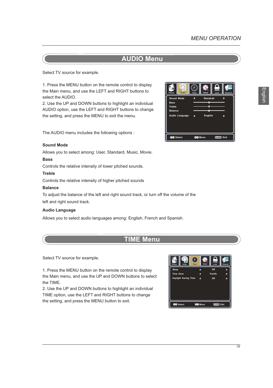 页 21, Audio menu, Time menu | Menu operation, En g lis h | Westinghouse VR-6025Z User Manual | Page 21 / 30