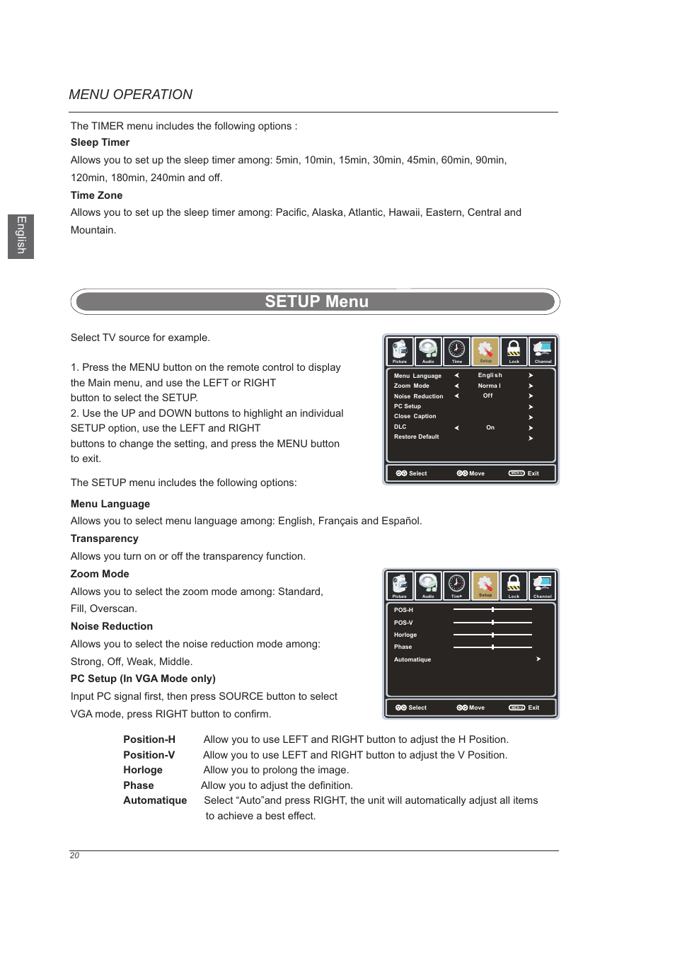页 22, Setup menu, Menu operation | En g lis h | Westinghouse VR-6025Z User Manual | Page 22 / 30