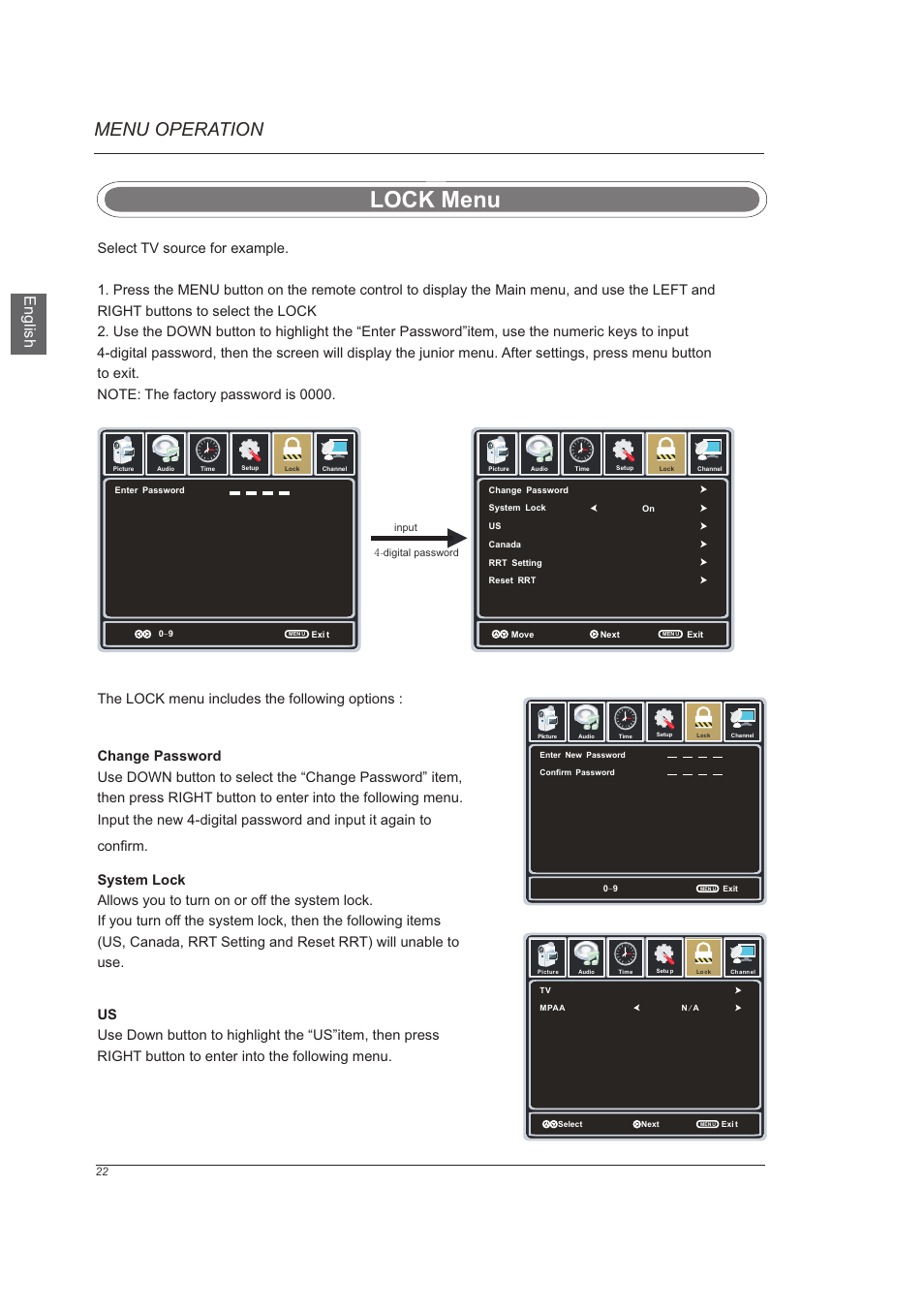 页 24, Lock menu, Menu operation | En g lis h | Westinghouse VR-6025Z User Manual | Page 24 / 30