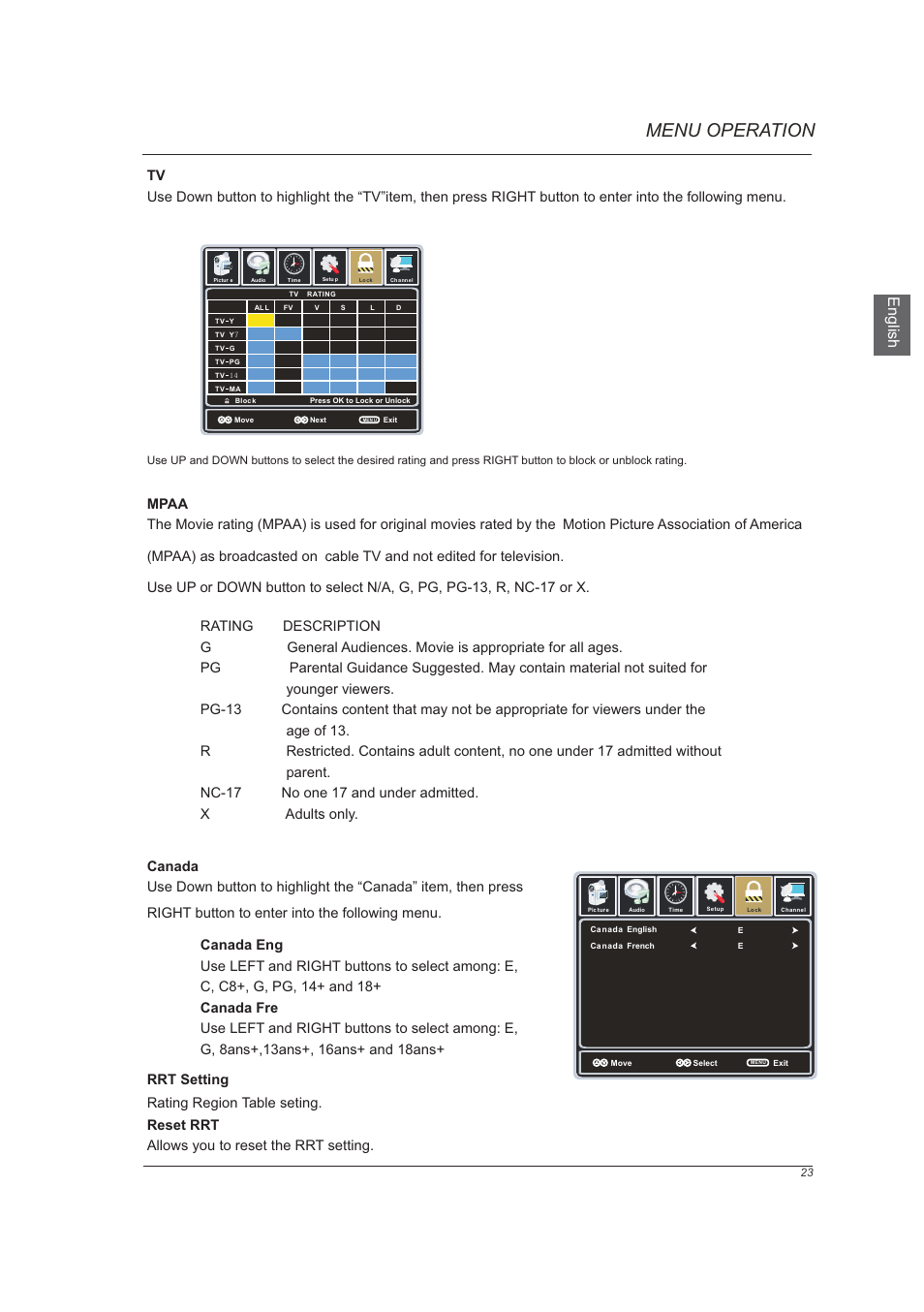 页 25, Menu operation, En g lis h | Westinghouse VR-6025Z User Manual | Page 25 / 30