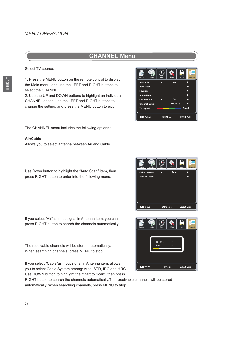 页 26, Channel menu, Menu operation | En g lis h | Westinghouse VR-6025Z User Manual | Page 26 / 30