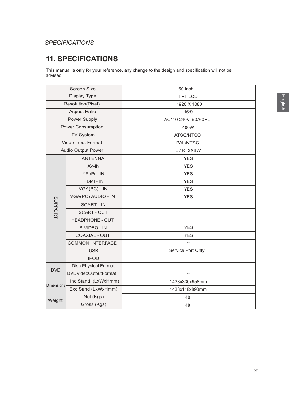 页 29, Specifications | Westinghouse VR-6025Z User Manual | Page 29 / 30