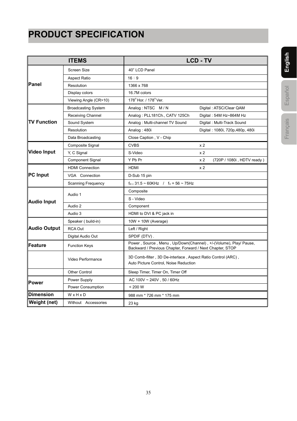 Product specification, Items lcd - tv, Engli sh esp añol f rançais | Westinghouse SK-40H590D User Manual | Page 38 / 40