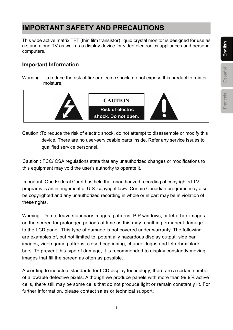 Important safety and precautions, Important information, Caution | Westinghouse SK-40H590D User Manual | Page 4 / 40