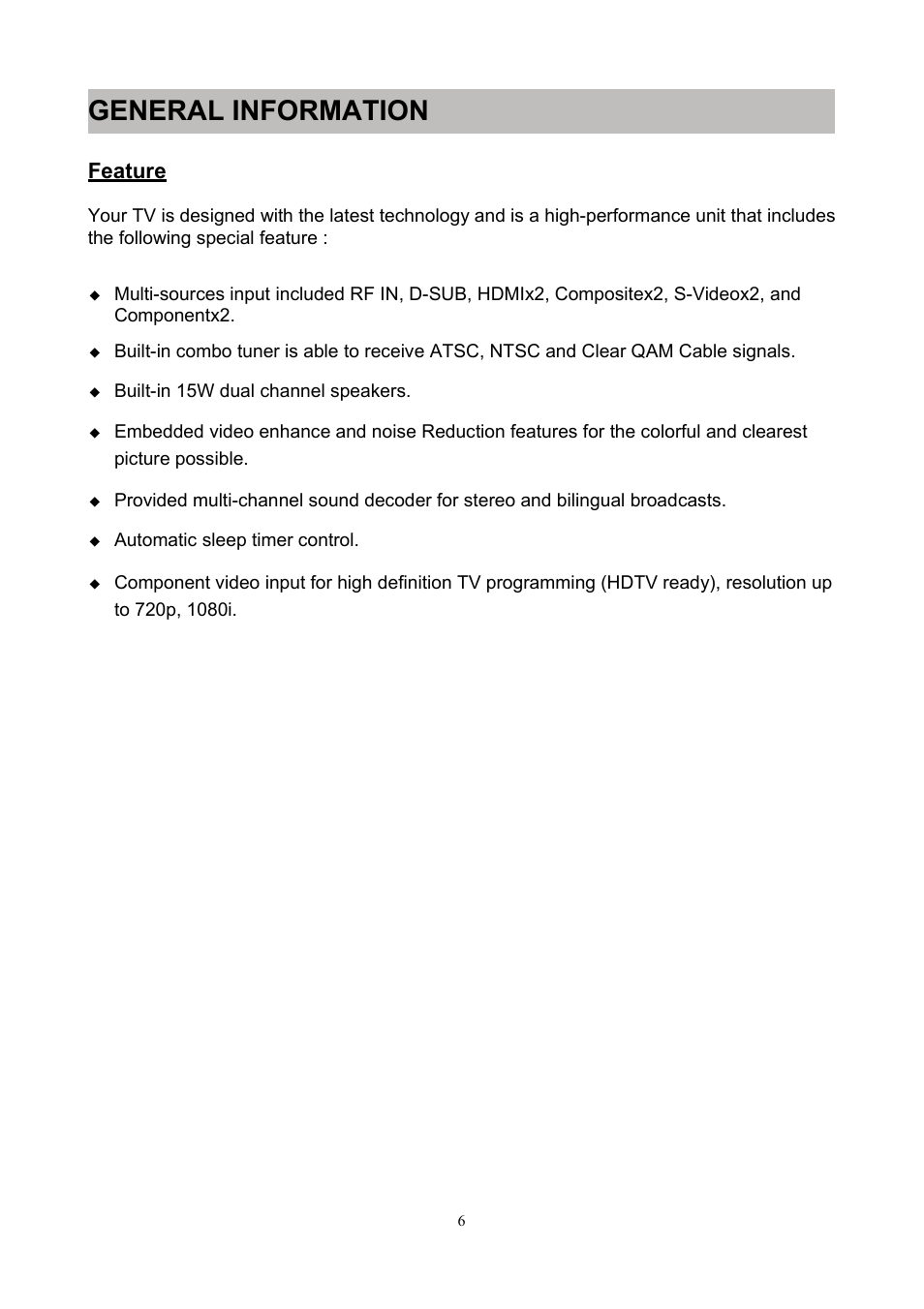 General information, Feature | Westinghouse SK-40H590D User Manual | Page 9 / 40