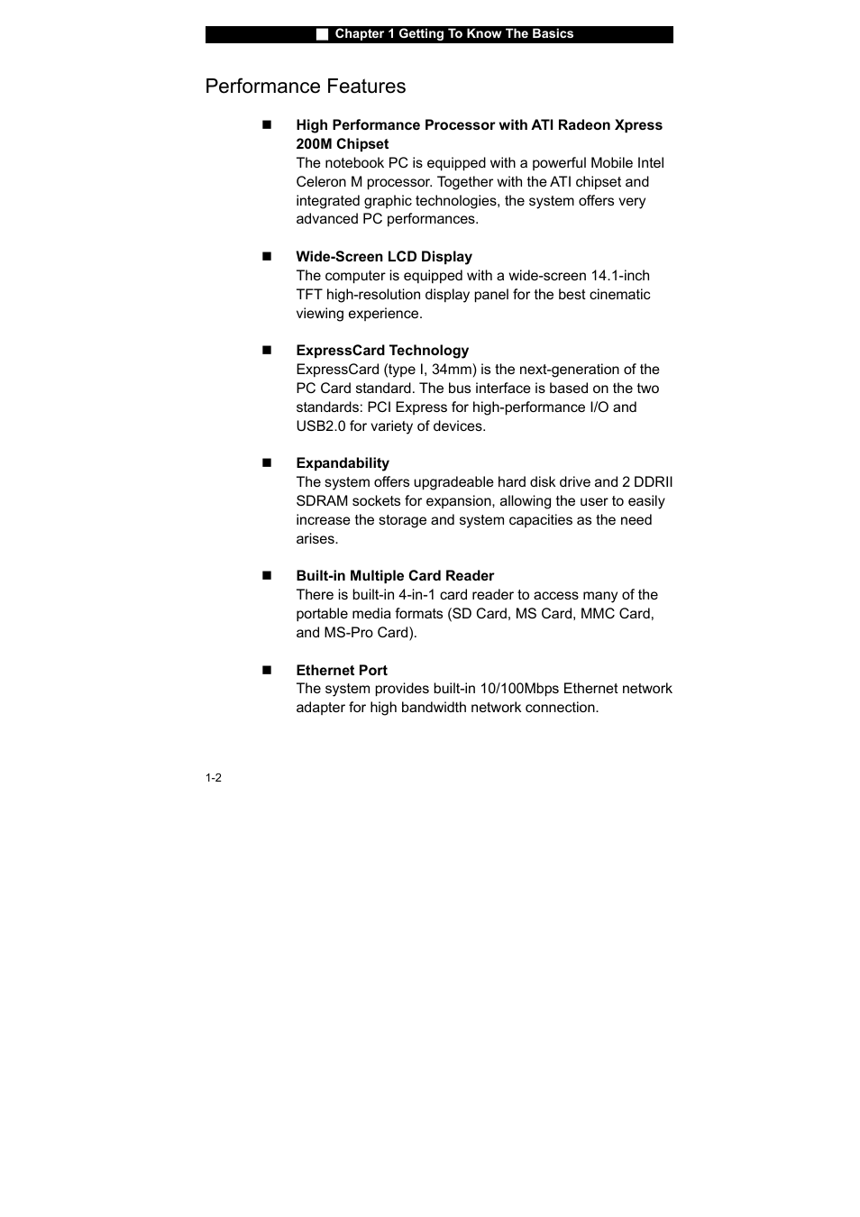 Performance features | Westinghouse NB-14w2 User Manual | Page 12 / 86