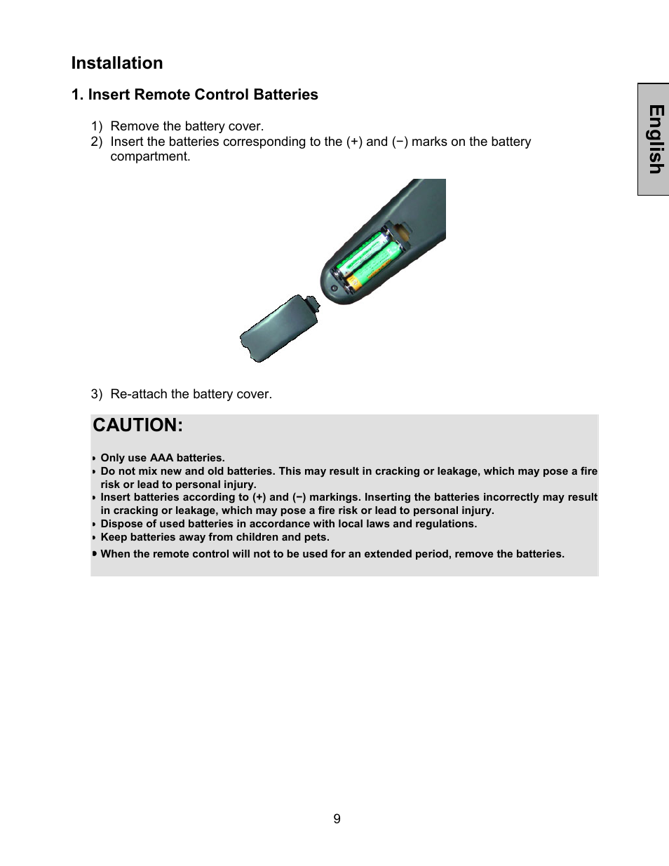 Englis h, Caution, Installation | Insert remote control batteries | Westinghouse LTV-30w2 User Manual | Page 11 / 25