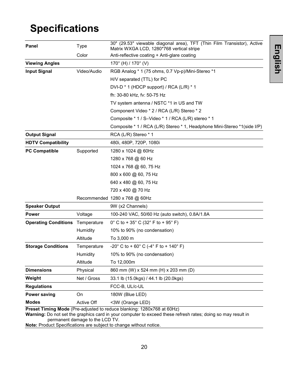 Specifications, Englis h | Westinghouse LTV-30w2 User Manual | Page 22 / 25