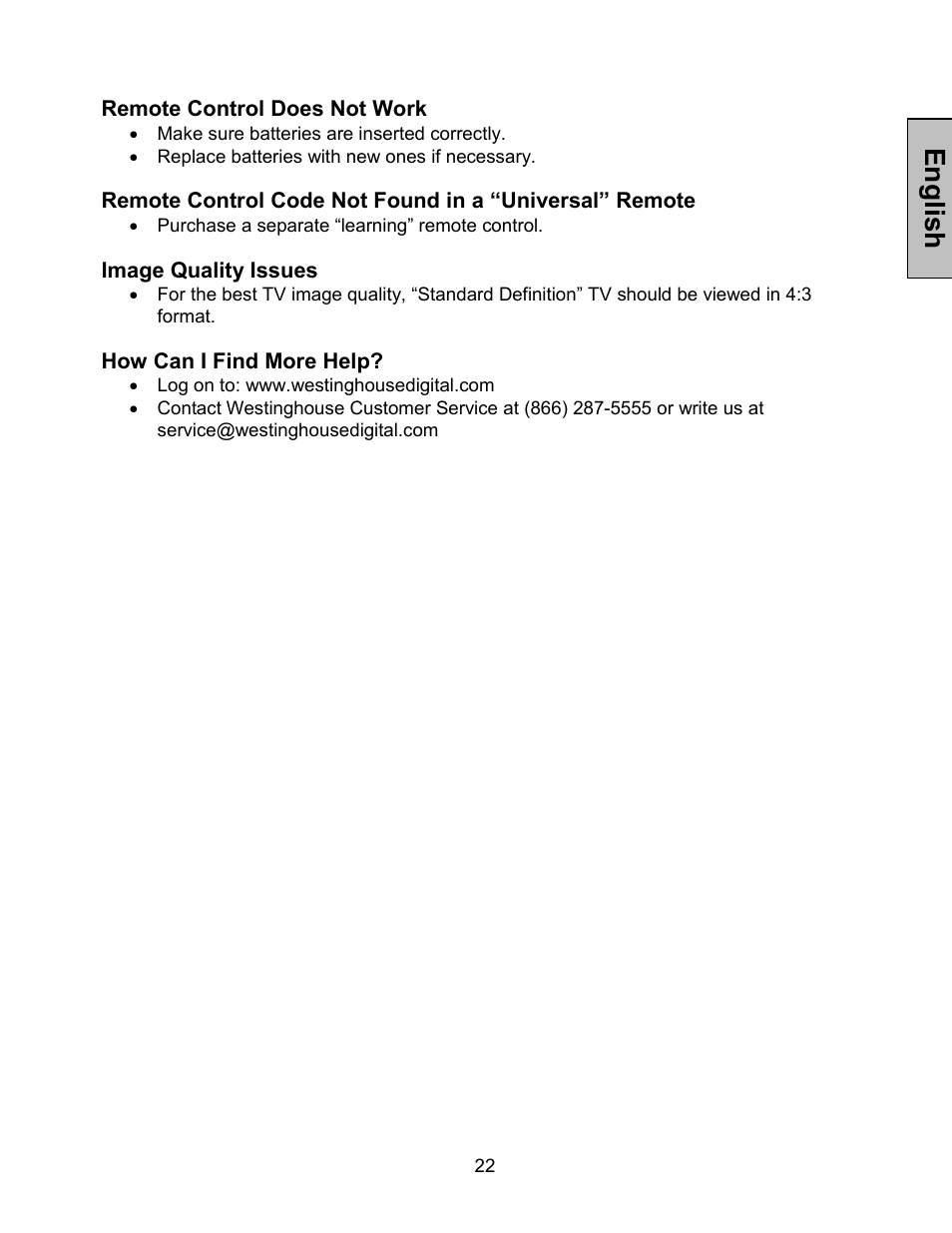 Englis h | Westinghouse LTV-30w2 User Manual | Page 24 / 25