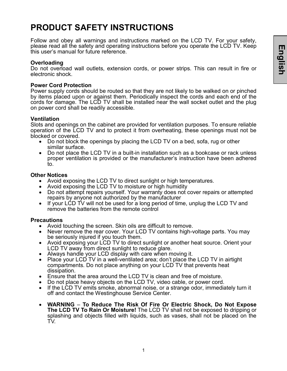 Englis h, Product safety instructions | Westinghouse LTV-30w2 User Manual | Page 3 / 25