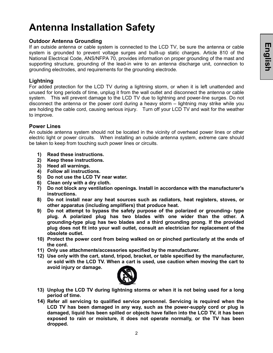 Antenna installation safety, Englis h | Westinghouse LTV-30w2 User Manual | Page 4 / 25