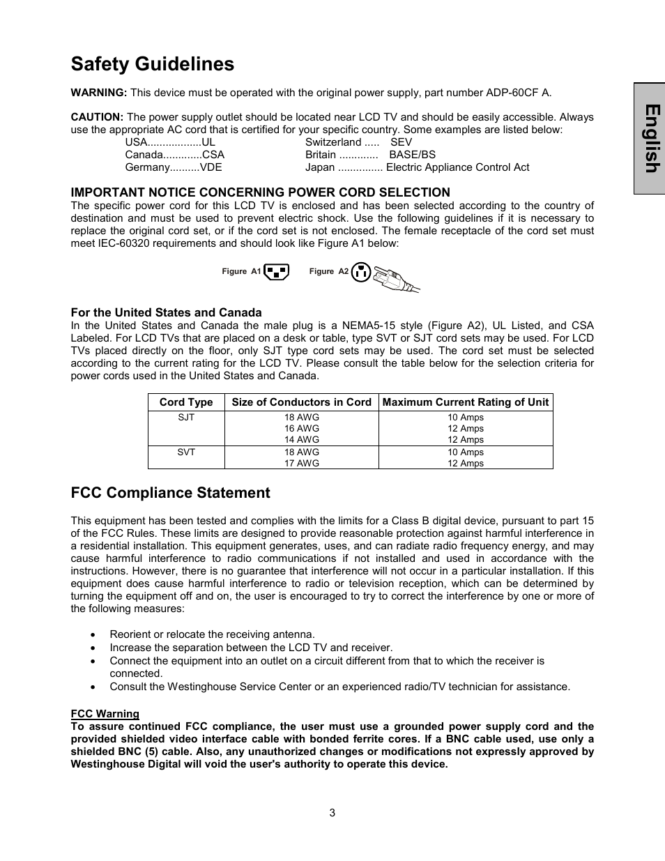 Englis h, Safety guidelines, Fcc compliance statement | Westinghouse LTV-30w2 User Manual | Page 5 / 25