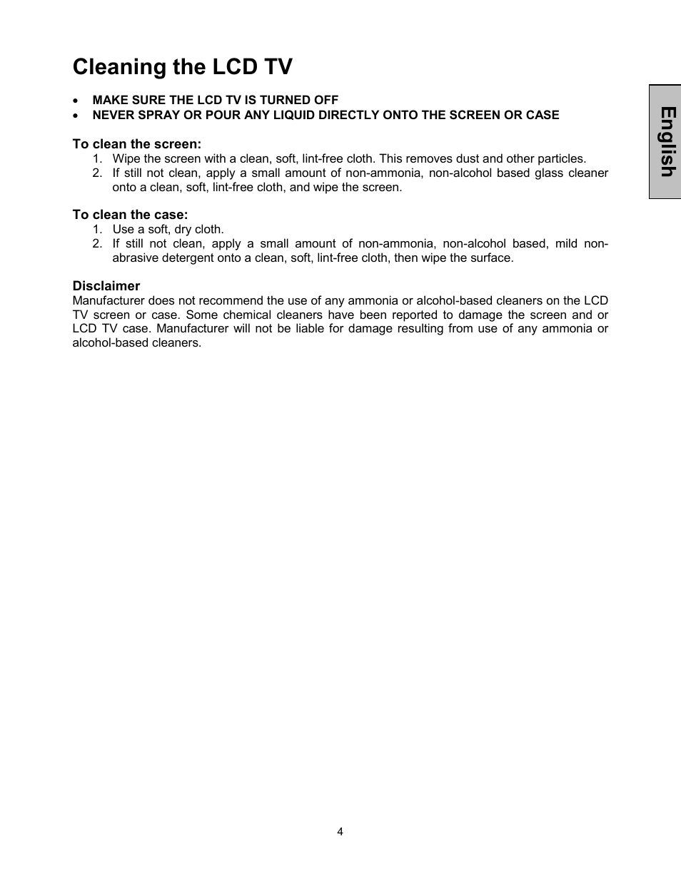 Cleaning the lcd tv, Englis h | Westinghouse LTV-30w2 User Manual | Page 6 / 25