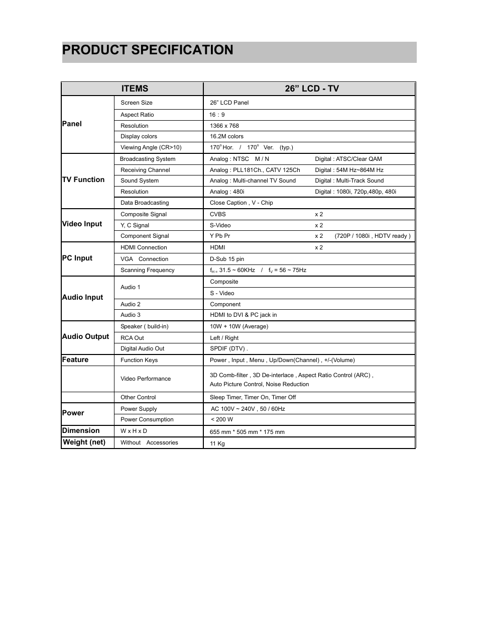 Product specification, Items 26” lcd - tv | Westinghouse SK-26H240S User Manual | Page 32 / 33