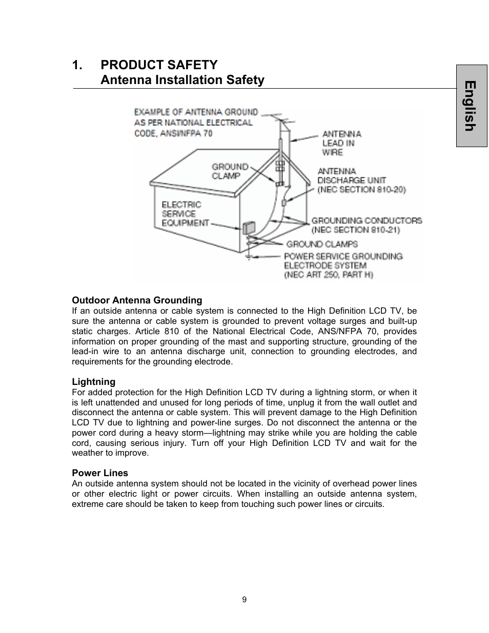 English, Product safety antenna installation safety | Westinghouse TVHD 1080P TX-47F430S User Manual | Page 10 / 47