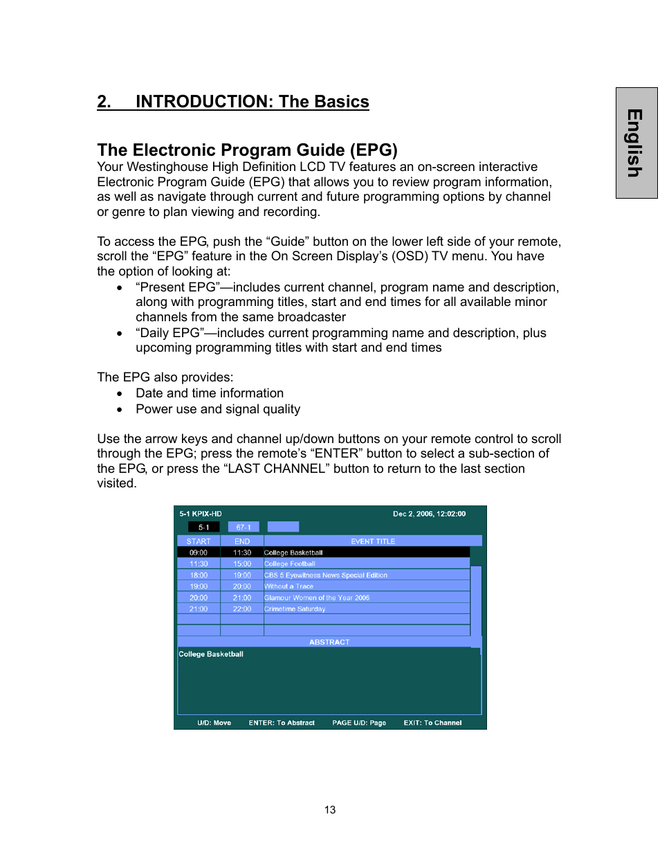 English, Introduction: the basics, The electronic program guide (epg) | Westinghouse TVHD 1080P TX-47F430S User Manual | Page 14 / 47