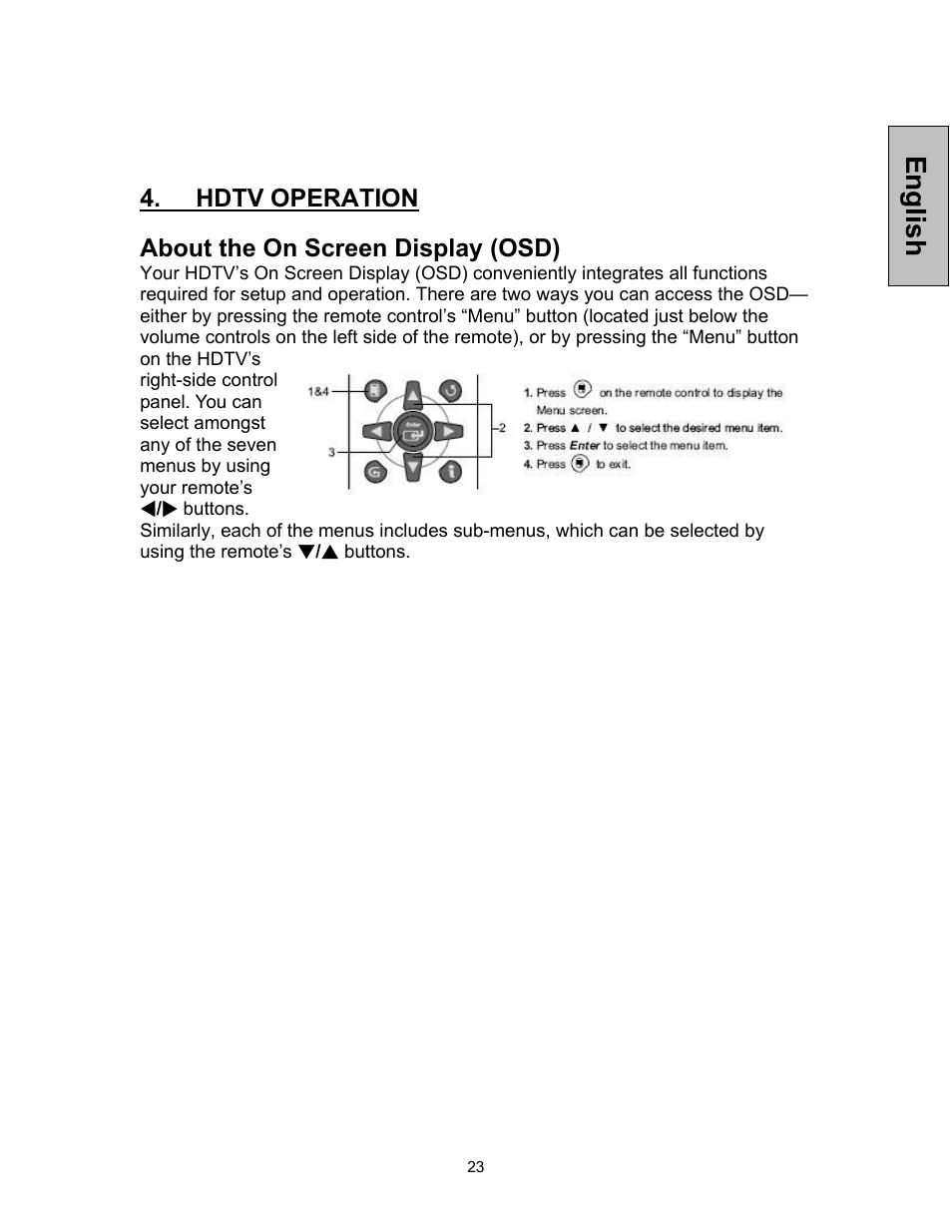 English, Hdtv operation, About the on screen display (osd) | Westinghouse TVHD 1080P TX-47F430S User Manual | Page 24 / 47